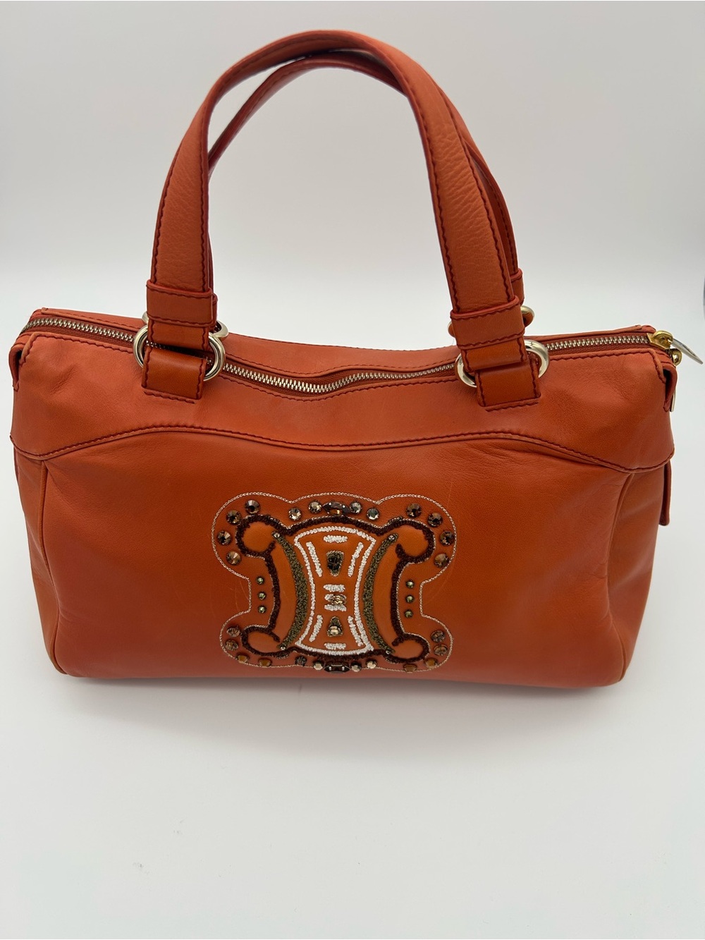 Celine - Orange Leather Studded Satchel / Y2K Purse / Bag